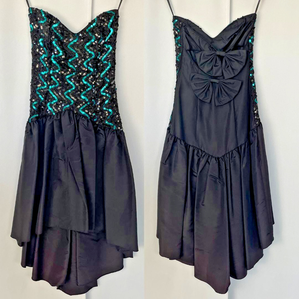 Gunne Sax Jessica McClintock Prom Dress XS Black Sequin Hi Low Puffy Bow 80s Vtg